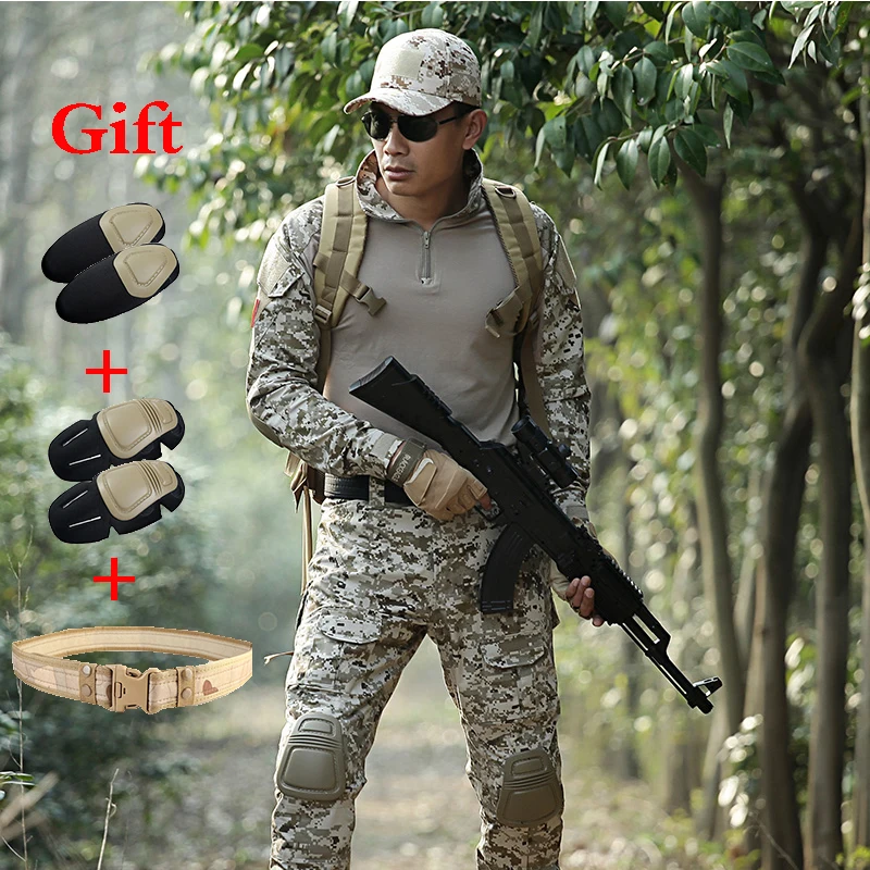 Men Ghillie Hunting Camouflage Suit Combat Shirt Tactical Pants With Knee Pads Military Training Sports Hiking Combat Uniform Men Ghillie Hunting Camouflage Suit Combat Shirt Tactical Pants With Knee Pads Military Training Sports Hiking Combat Uniform