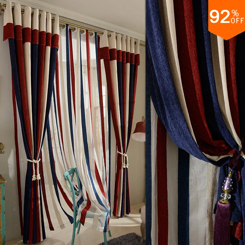 Most Thick Blackout Red Blue stripe patchwork curtains study Room