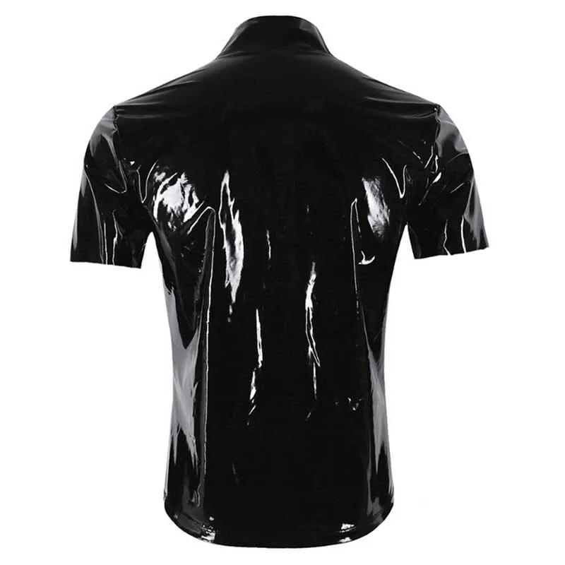 Sexy Gothic Short Sleeve Unisex T-shirt Adult Black Wetlook Faux Leather Shirt Shiny Vinyl PVC Undershirt Clubwear Stage Costume (5)