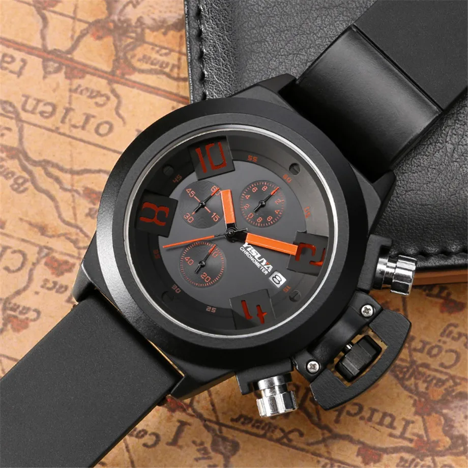 YISUYA Men Wristwatches Pilot Style Japan Quartz Watch Date Day Six Hands Silicone Band  Chronograph Aviator Boy birthday Gift (6)