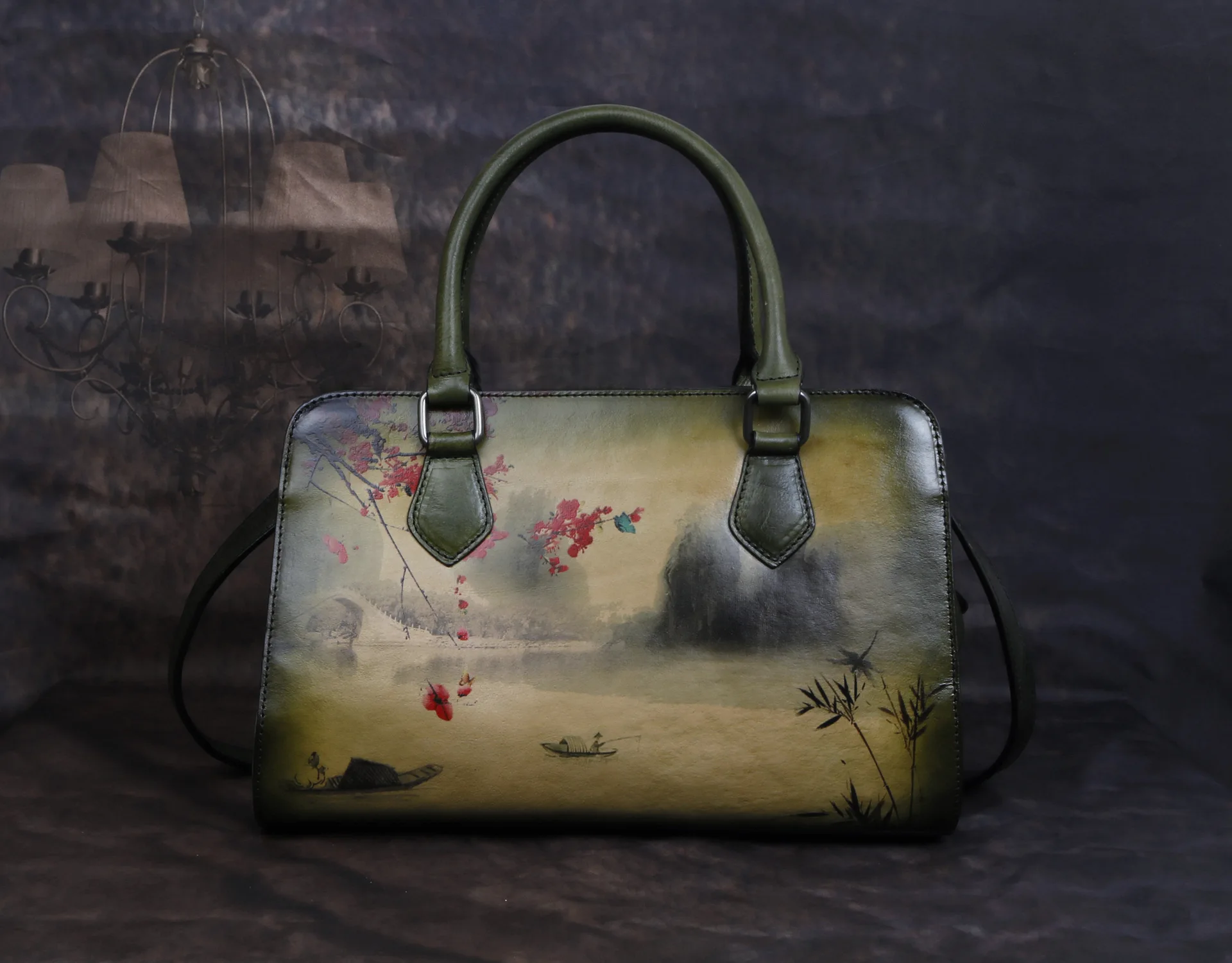 

landscapes with cowhide on the first layer and ancient brushing ink painting with individuality original handbag