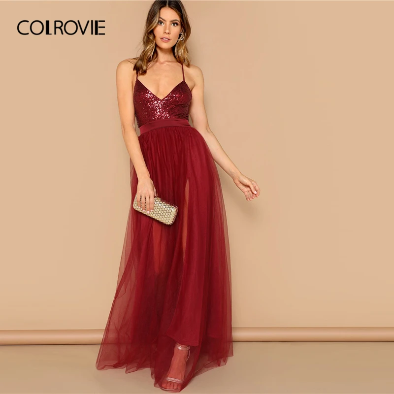 

COLROVIE Burgundy Crisscross Backless Sequin Patched Cami Party Dress Women 2019 Summer Sleeveless Lace Elegant Maxi Dresses