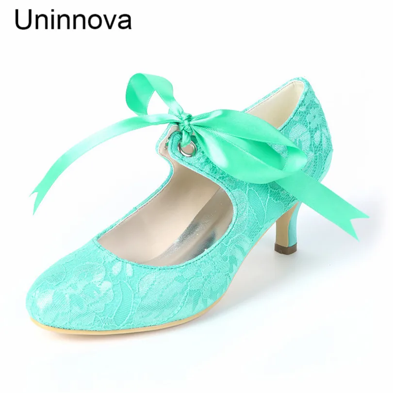 

Ivory White Bridal Bridesmaid Pumps Round Toe Lace Elegant Evening Pumps Wedding Heels Uninnova Y1195-04LS Zapatos De Mujer