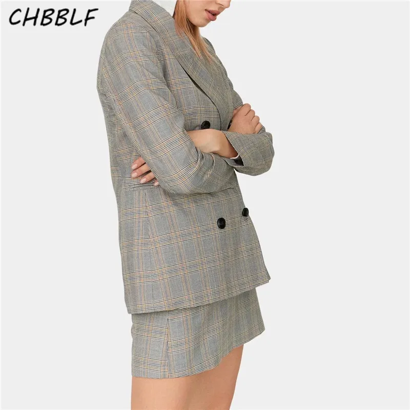 

CHBBLF women hooded plaid blazer double breasted long sleeve outerwear vintage female casual chic tops BGB9001