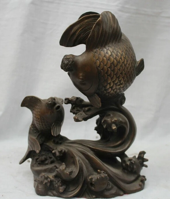 

10" China Chinese Folk Fengshui Bronze Animal Two goldfish barracuda Statue F