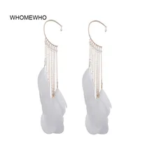 1PC Gold Metal Handmade Long Chain Beaded Black Real Feather Ear Cuff Earrings Fashion Korean Chic Club Party Accessory Jewelry chic feather shape cuff ring for women