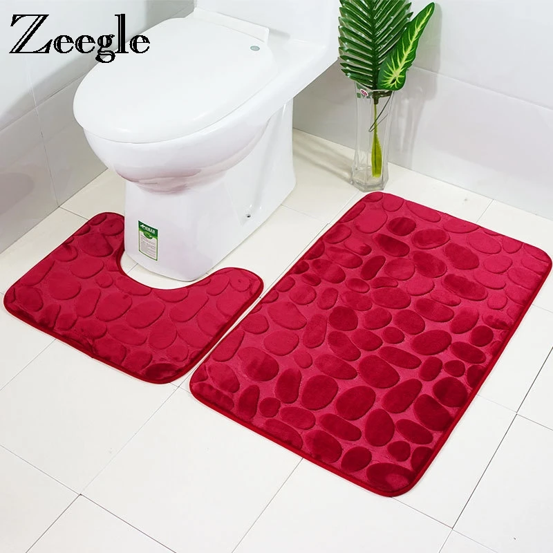 Zeegle Embossed 2pcs Bathroom Bath Mat Flannel Floor Mat Cushion Shower Mat Toilet Bath Rugs Memory Foam Bathroom Carpets