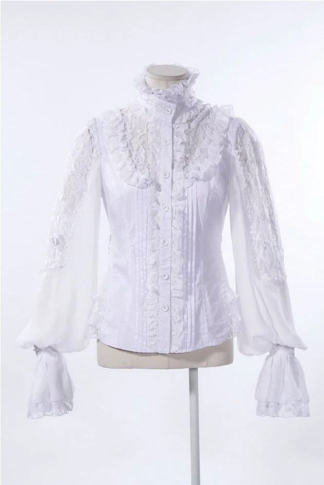 Старинная викторианская женская блузка, винтажная белая кружевная Готическая Блузка с оборками, рубашка 21152W