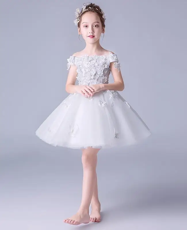 Elegant Shoulderless White Tulle Lace Kids Princess Dress For Birthday ...