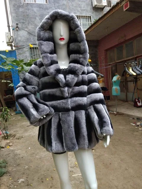 Пальто из натурального меха, роскошное пальто из кролика Рекс, модное тонкое теплое пальто из натурального меха для женщин, Зимняя распродажа, Шиншилла, пальто с капюшоном с мехом - Цвет: Hood    70cm