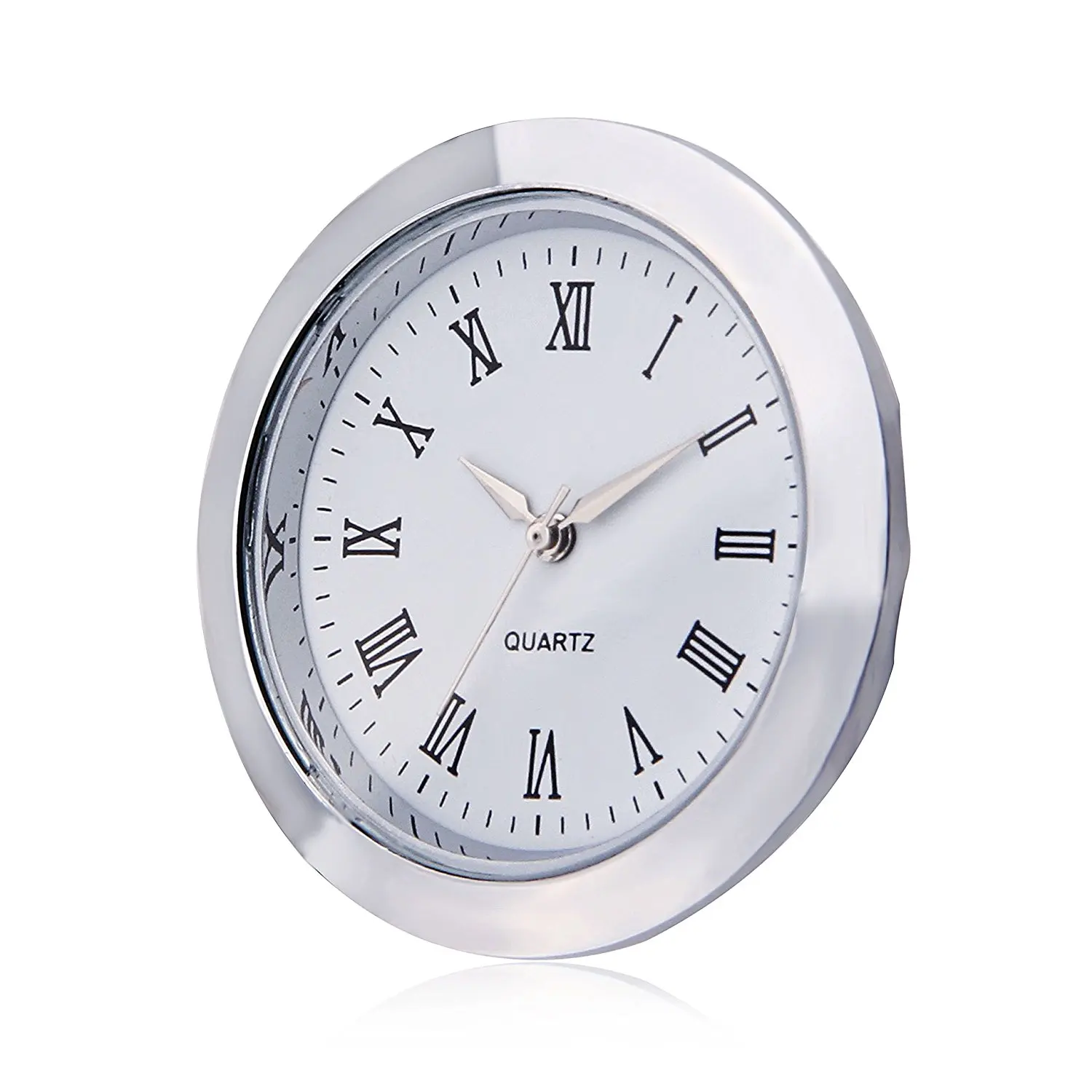 Мини-часы с кварцевым механизмом, круглая вставка 1 7/1"(35 мм), белый циферблат, серебристый тон, ободок, римские цифры, циферблат часов