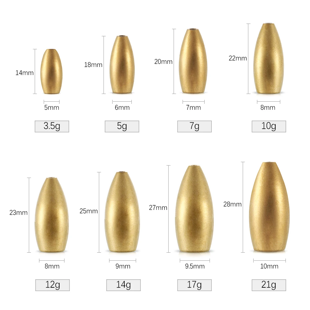 5pcs/lot Brass Bullet Sinker Weight Fast Sinking for Rig Bass Fishing