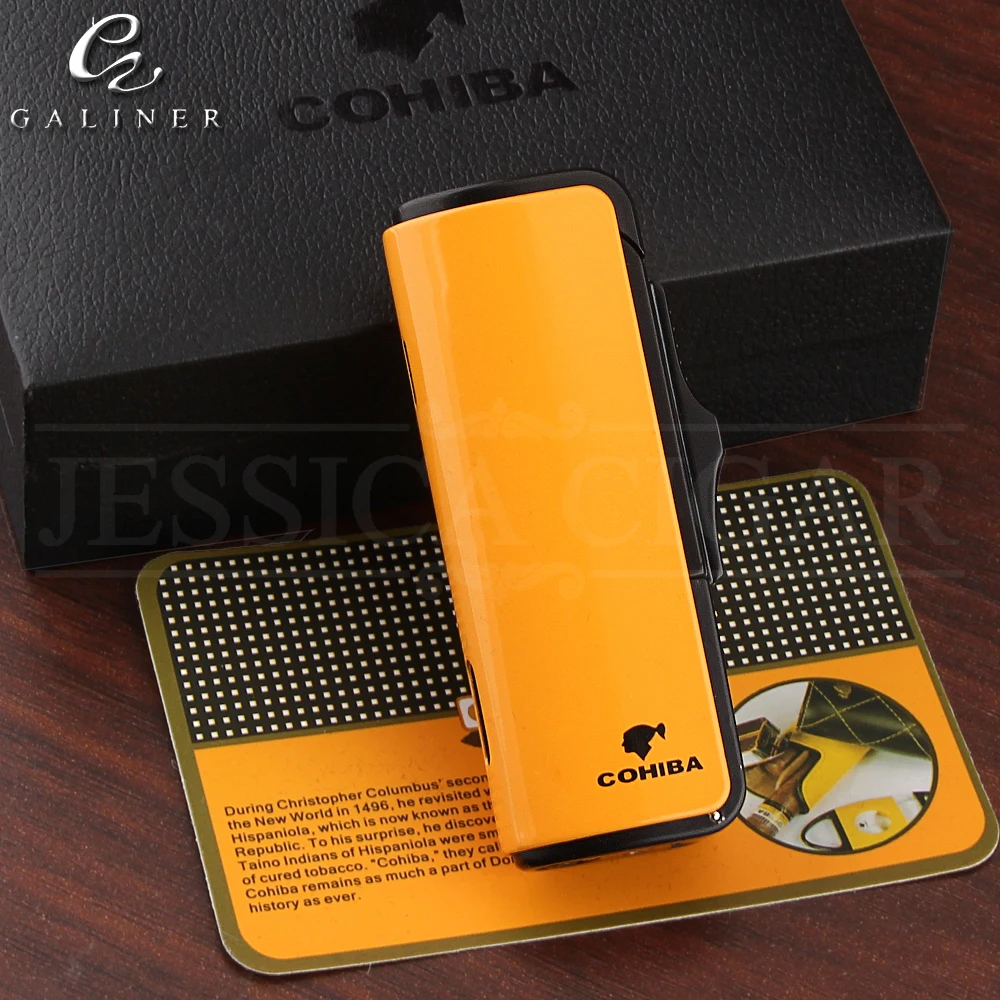 COHIBA Бутановая Зажигалка, 3 струйный фонарь, ветрозащитные зажигалки для сигарет, металлическая многоразовая Зажигалка для сигар с подарочной коробкой