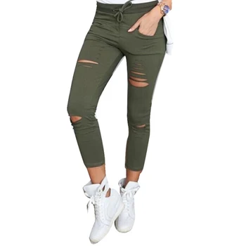 

2018 Fashion High Waist Ripped Hole Cut-Out Leggings Trousers Drawstring Elastic Waist Pencil Pants Women Cotton Skinny Pants