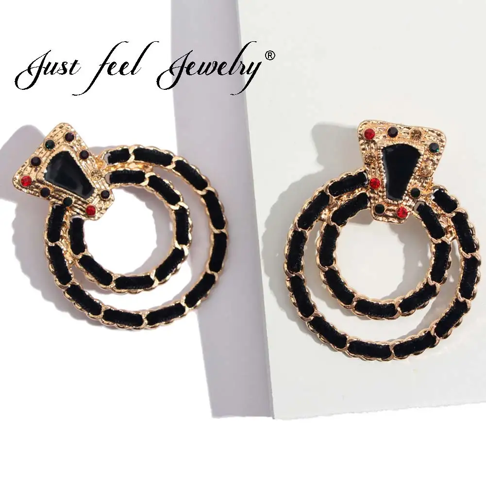 

JUST FEEL ZA Crystal Circle Stud Earrings Gold Color Round Black Rope Chain Bohemian Statement Earring For Women Fashion Jewelry