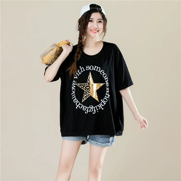 2018 Summer Loose Sequins Oversize Short Sleeve Women T Shirt Korean Casual Five-pointed Star Tops Plus Size Black White T Shirt