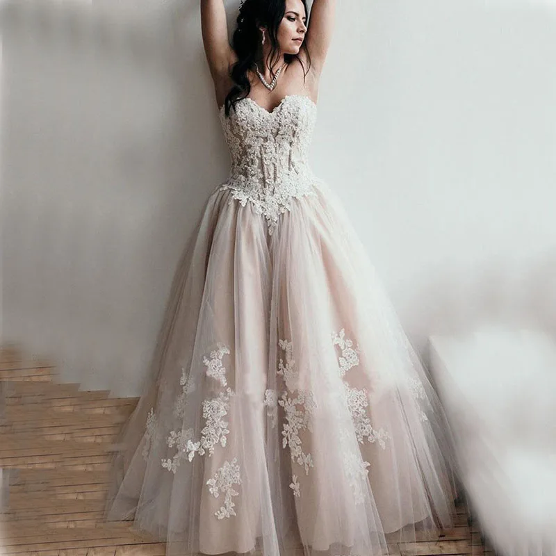 

Custom Made Sweetheart Wedding Dresses Appliques Beaded Princess A-Line Bride Dress Sleeveless Lace Up Back White Wedding Gown