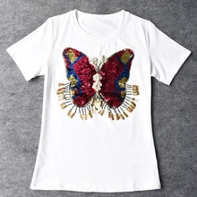 Горячая Распродажа, Женская футболка s, новинка, летняя повседневная футболка с коротким рукавом, расшитая блестками, с принтом бабочки, женские топы, летние футболки