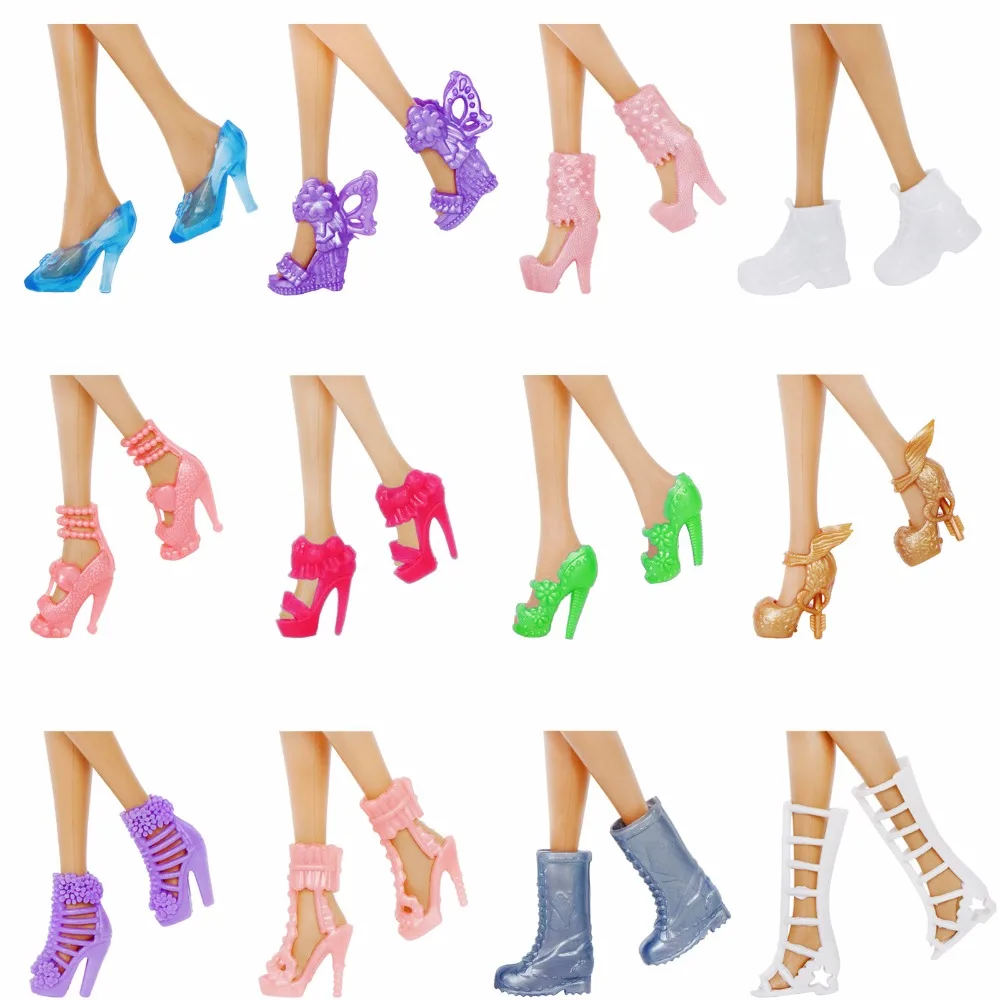 12 пар/лот; кукольные туфли смешанного стиля; милые разноцветные туфли на высоком каблуке; модные сапоги разных цветов для куклы Барби; аксессуары; детские игрушки