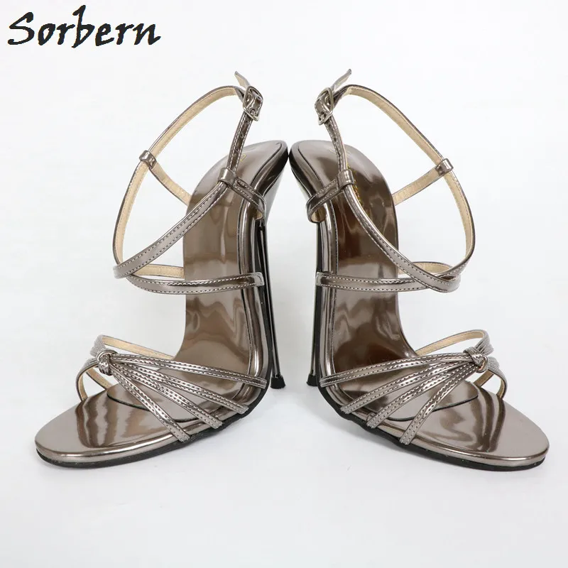 Sorbern/блестящие серые сандалии с перекрещивающимися ремешками на тонком металлическом высоком каблуке 14 см; женские туфли на шпильке с красной подошвой; Размеры 33-52
