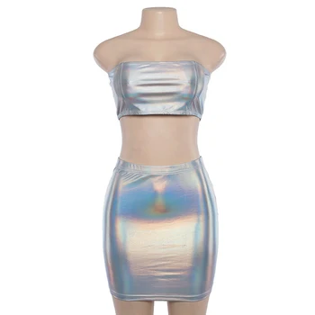 

Women Metallic Shiny Off Shoulder Crop Navel Top + Mini Dress Two Piece Solid Color Outfit Set