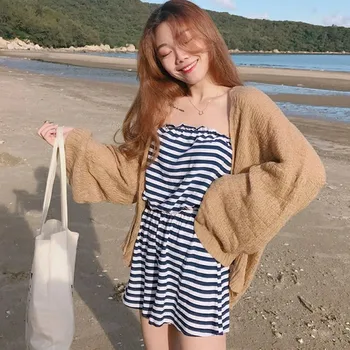 

Hot 1pc Summer Cardigan Coat Knitted Long Sleeves Loose Vintage Thin Female Outer HD88