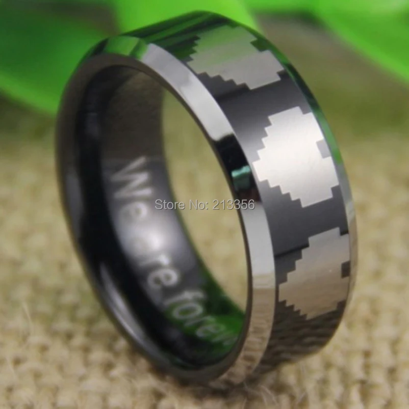 

Cheap Price Free Shipping USA UK CANADA RUSSIA Hot Selling 8MM Legend of Zelda 8-Bit Hearts Black Beveled Tungsten Wedding Ring