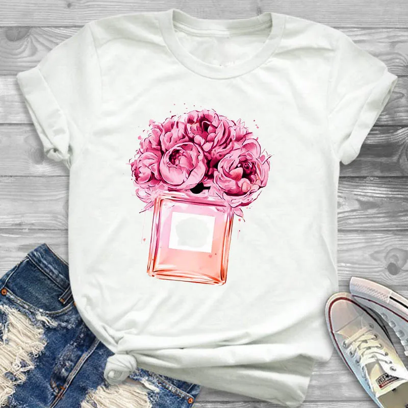 

Women Shirt Ladies FemaleT Womens Fashion Floral Flower Perfume Clothes T-shirt Graphic Short Sleeve Summer Printed Top Tshirt