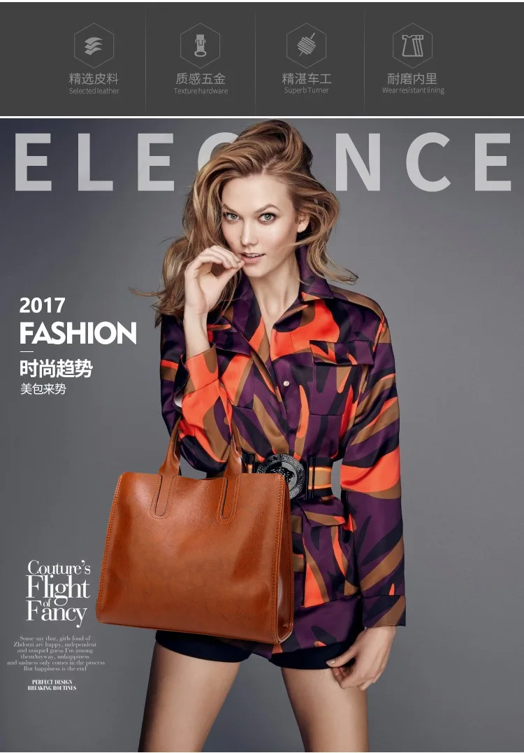 KLY 100% Genuine leather Women handbags 2018 New handbags Cross-border goods Simple handbag Ms. Briefcase Shoulder Messenger -
