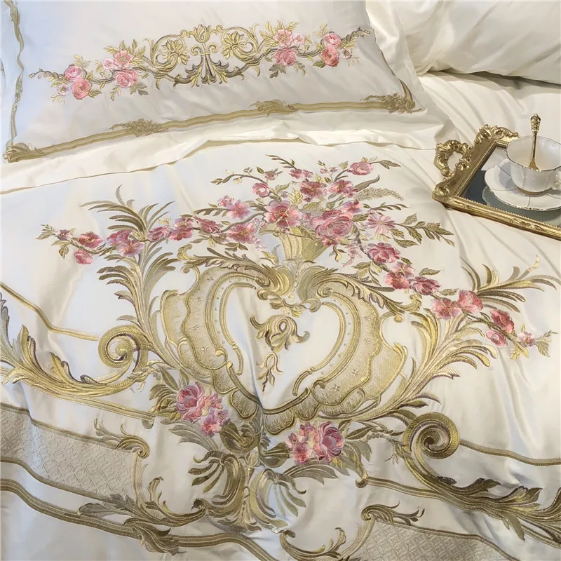 Excellent Champagne Blue White Luxury Royal Embroidery 100S Egyptian Cotton Palace Bedding Set Duvet Cover Bed sheet/Linen Pillowcases 65