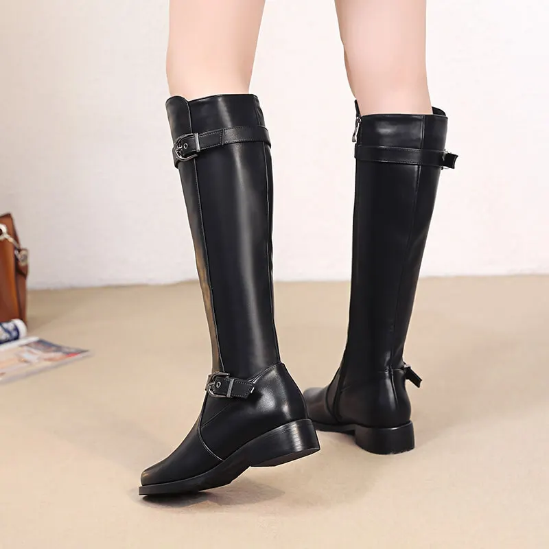 Women's Black Leather Knee High Winter Boots with Fashion Buckle, Warm Plush Lining, and Flat Heel image 3