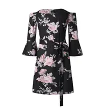 Summer Spring Sexy off Shoulder Women Dresses Floral Printed Half Flare Sleeve Kimono Lace up Slim