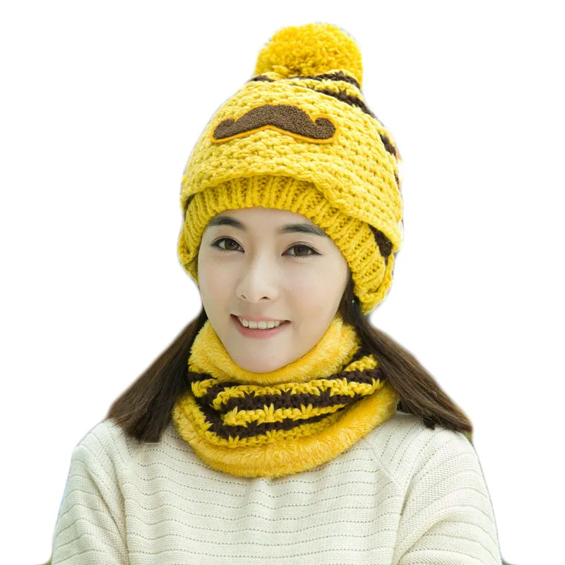 2017 New Winter Caps Women Fashion Warm Knitted Scarf and Hats Set Crochet Cap Beanies Female Cashmere Removable Wool Cap 