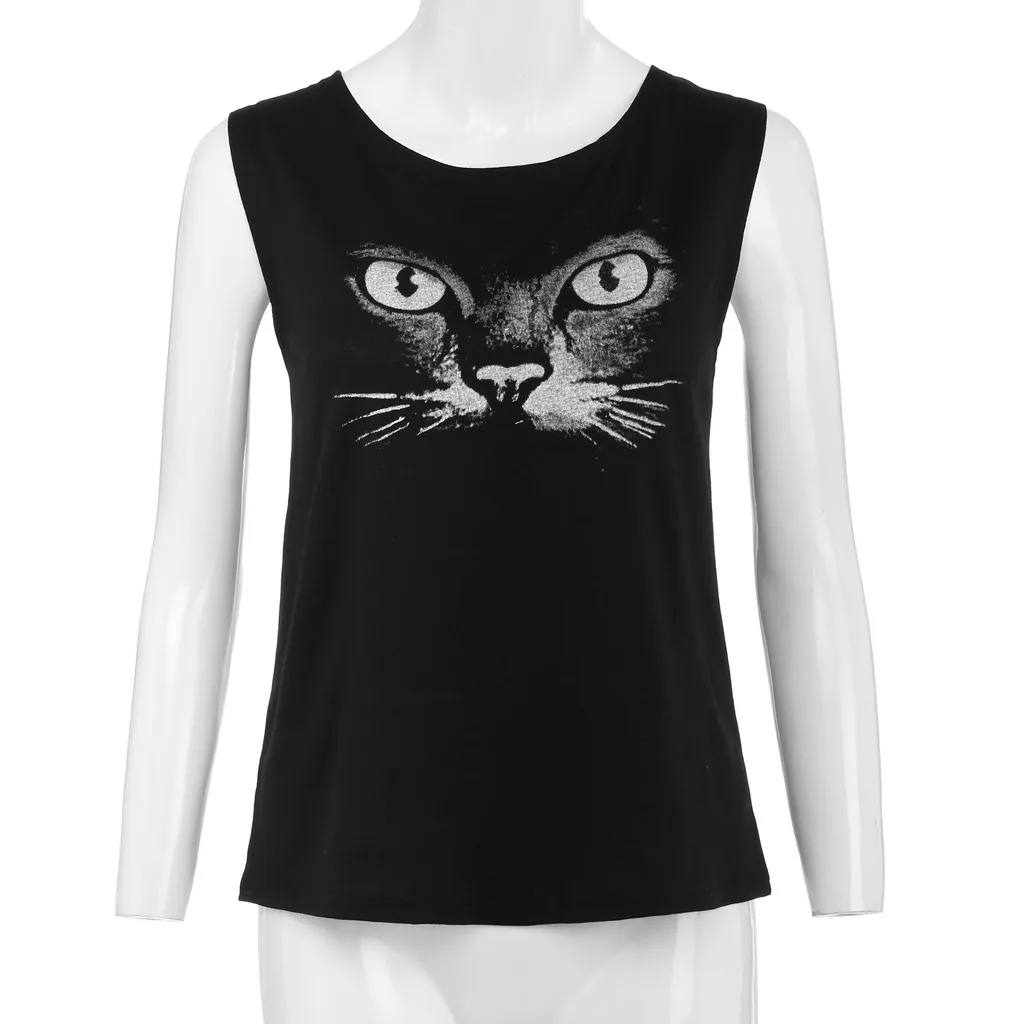 Модные женские майки с круглым вырезом и принтом кота, без рукавов, дышащий жилет, свободная рубашка, топы, camiseta mujer verano