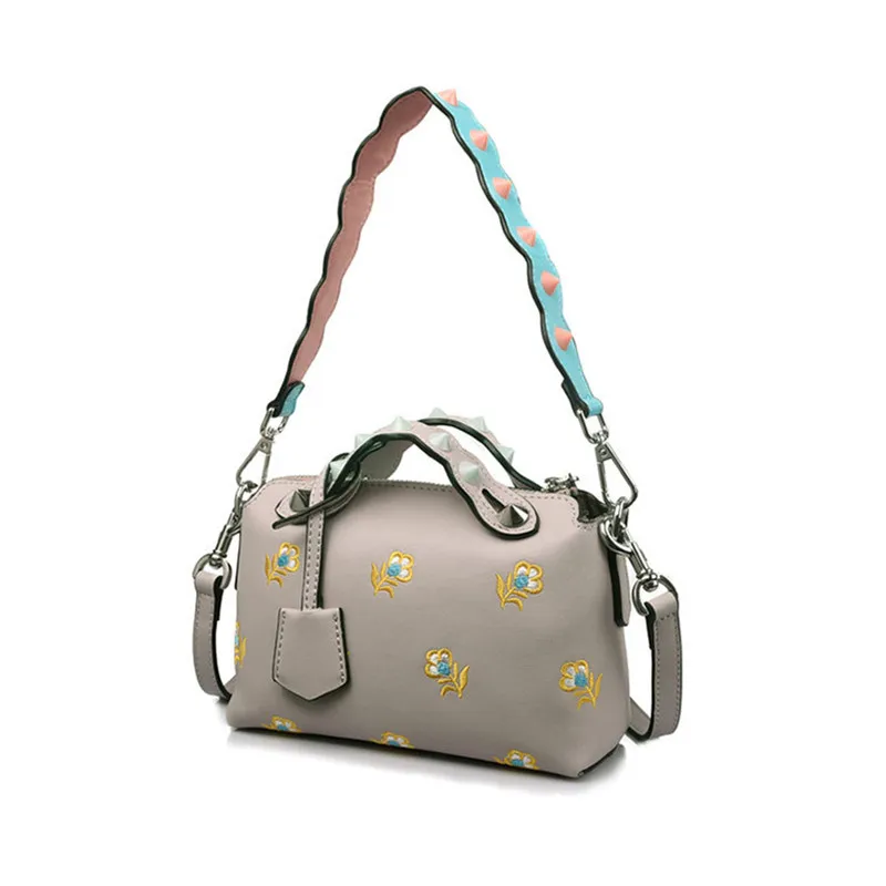 

New Embroidered Flower Women Shoulder Handbag Split Leather Wide Shoulder Straps Portable Dumpling Messenger Bag Rivet Tote Pink