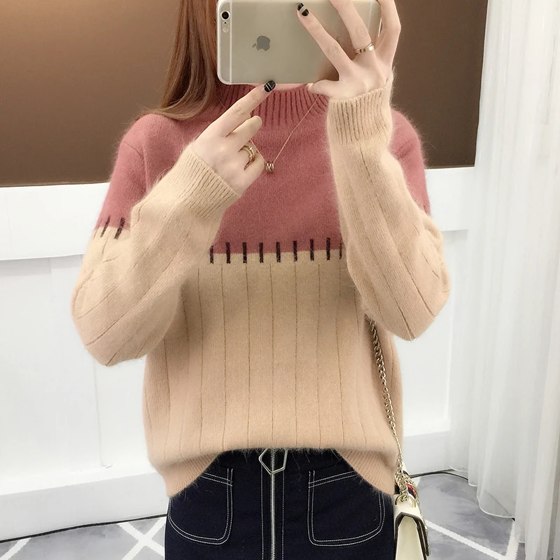 Fashion 2018 Autumn Winter Women Cashmere Sweaters And Pullovers Patchwork Thick Knitting Sweater Female Loose Sweater Jumpers Sweaters