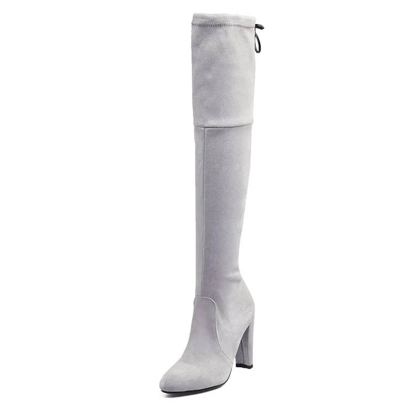 ENMAYER/высокие женские сапоги до бедра из искусственной замши пикантные модные ботфорты из эластичного материала женская обувь черные сапоги на высоком каблуке, CR882 - Цвет: Gray
