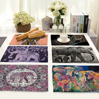 

Creative Elephant Life 4 pieces Set Kitchen Table Mats Cotton Linen Table Napkin Elephant Pattern Decorative Placemats