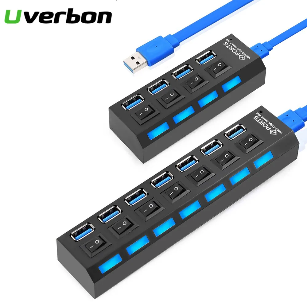 

Uverbon 7 Port High Speed USB 3.0 HUB Splitter with Power Adapter USB Hab ON/OFF Switch LED EU/US/UK Plug for PC Laptop