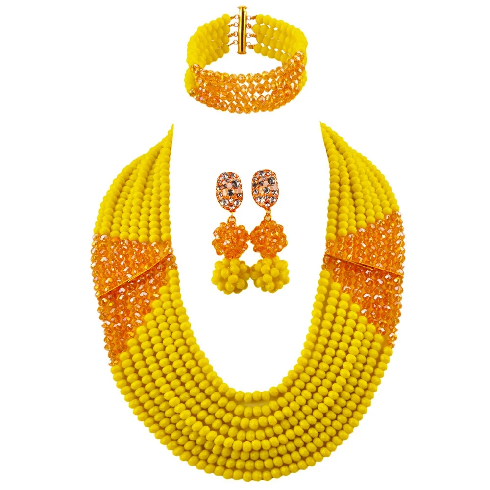 Opaque Yellow Champagne Gold AB African Necklace Jewelry Set Crystal Beaded Nigerian Beads Wedding Sets 8LBJZ07 | Украшения и
