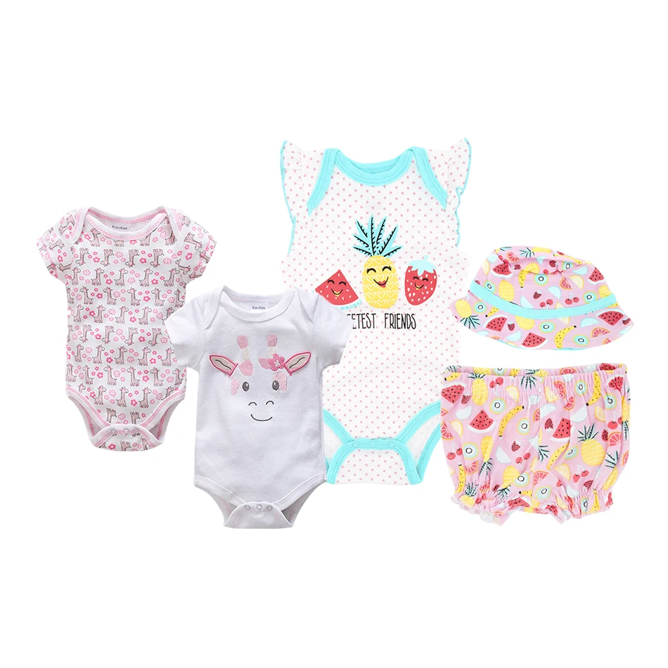 

5PCS Infant Toddler Baby Clothes Set Kids Baby Girl Clothes Bodysuits+Short Pants+Hat Outfits Set Cute Cotton Baby Beach Wear