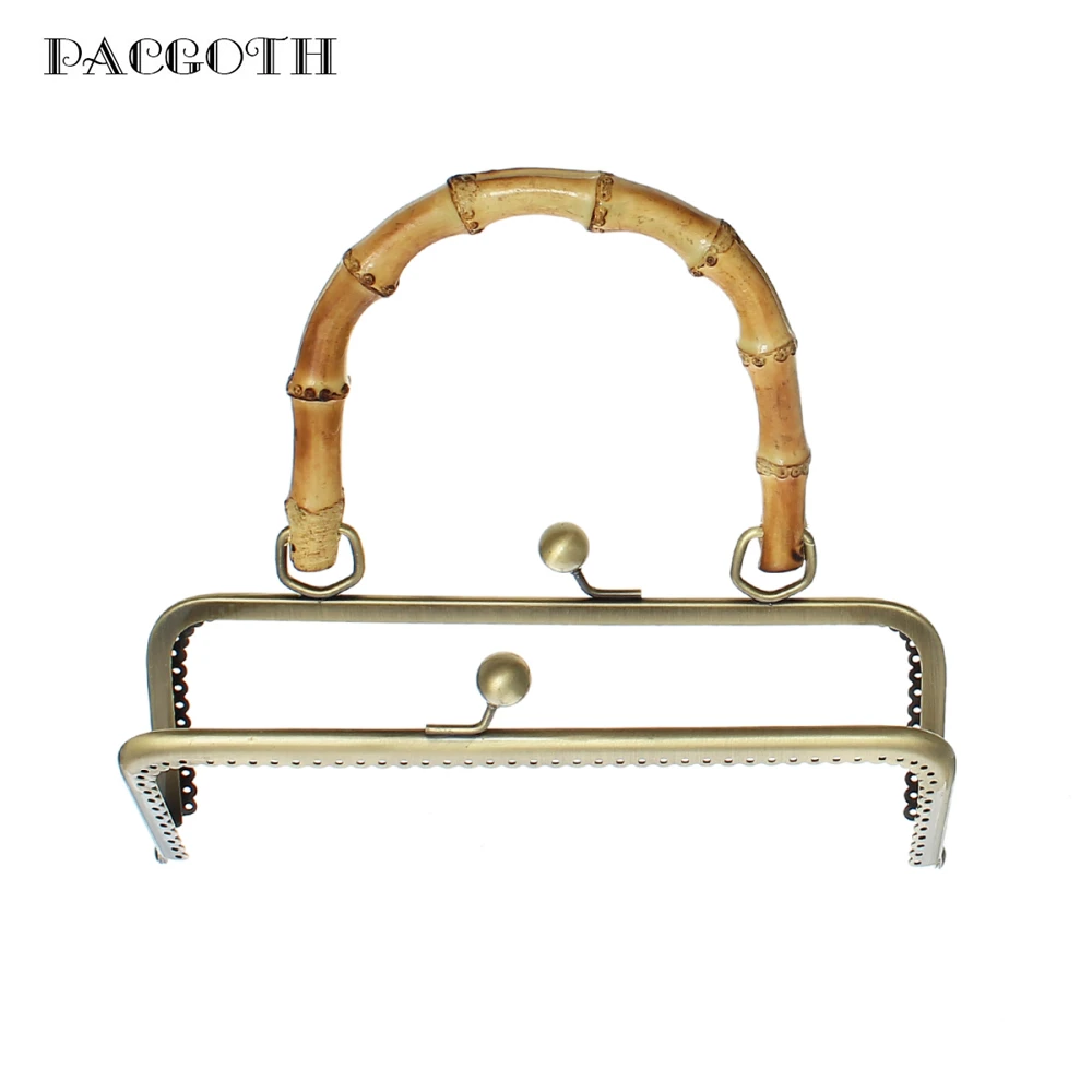 

PACGOTH Iron Alloy Kiss Clasp Lock Purse Frame Rectangle Antique Bronze Bamboo Handle 20.1cm x18.5cm, 1 PC
