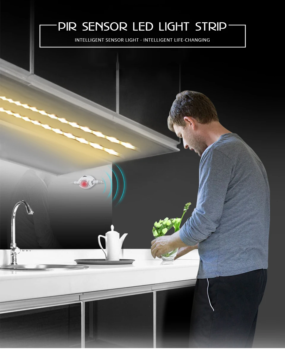 PIR Motion Sensor Closet Wardrobe Stair Hallway Bed Lamp SMD2835 LED Under Cabinet Night Light Flexible LED Strip 12V Tape EU US (1)