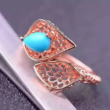 

Fidelity Natural turquoise Ring s925 sterling silver Natural 5*7mm blue gemstone Leaves ring hollow fine Jewelry for women