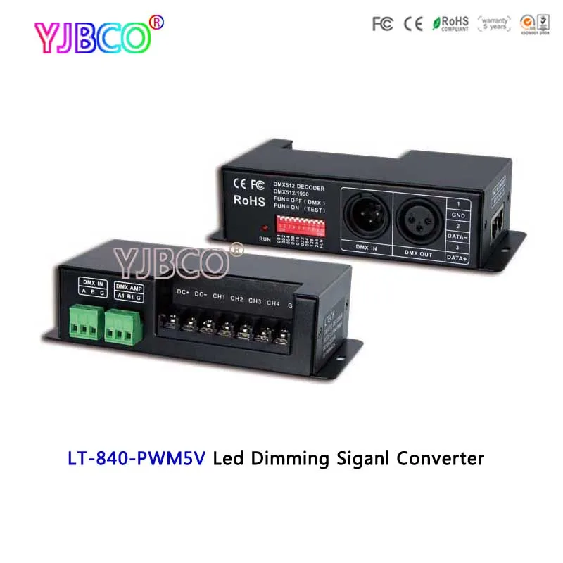 

LT-840-PWM5V LED dimming signal converter;DC12V~DC24V DMX512 signal input;5V PWM*4CH signal output for led lamp