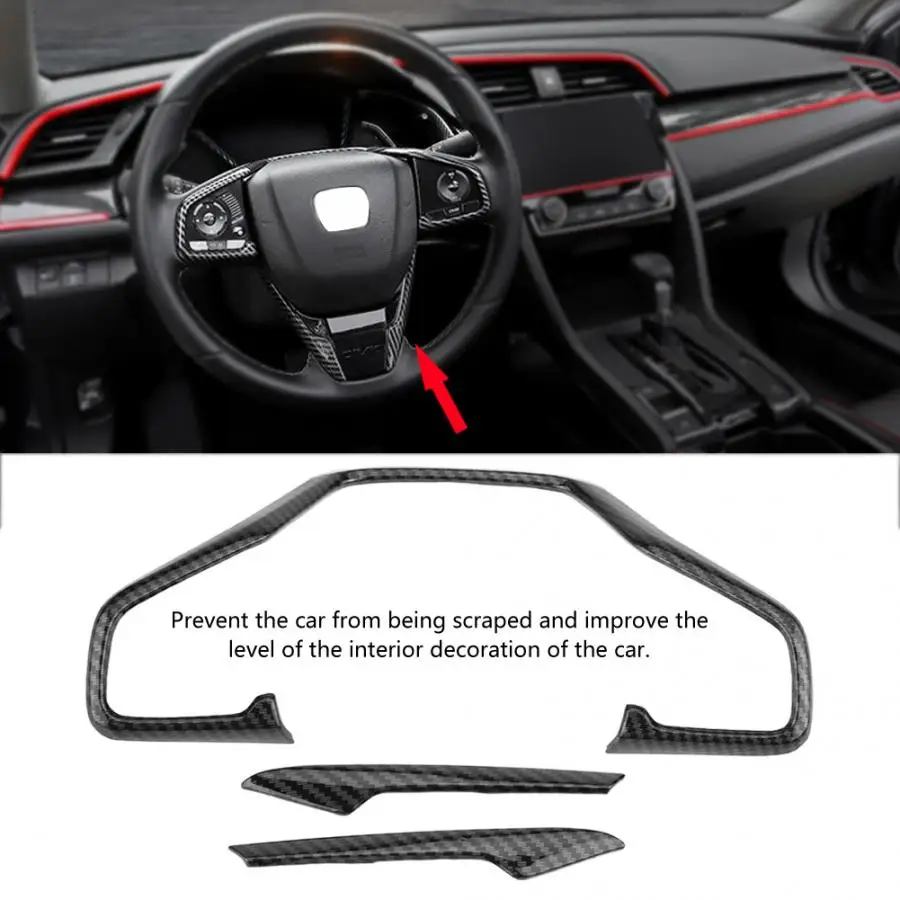 

For Honda Civic 10th 2016 2017 2018 3pcs Carbon Fiber Style Car Steering Wheel Frame Cover Trim Stickers araba aksesuar