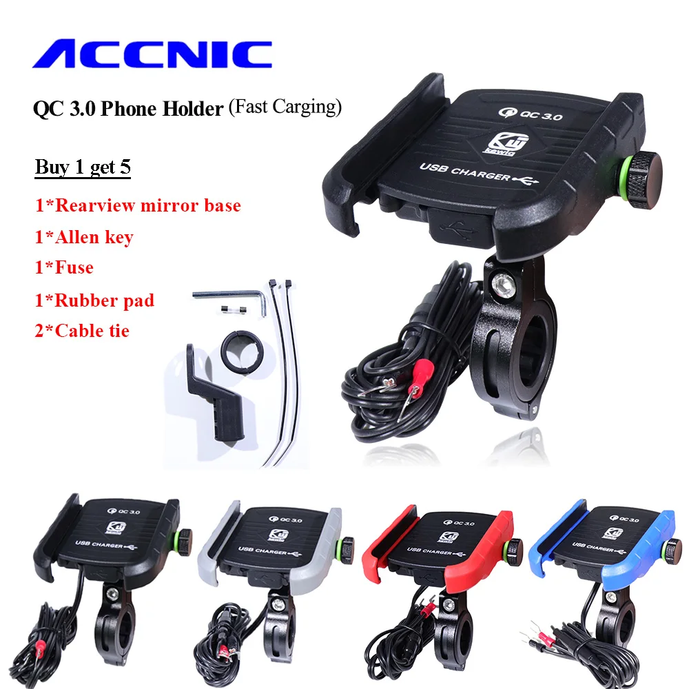

ACCNIC QC 3.0 Mobile Phone Holder USB Charger Motorcycle Handlebar Stand Fast Charging for Samsung Huawei 3.5-6'' Phone Bracket