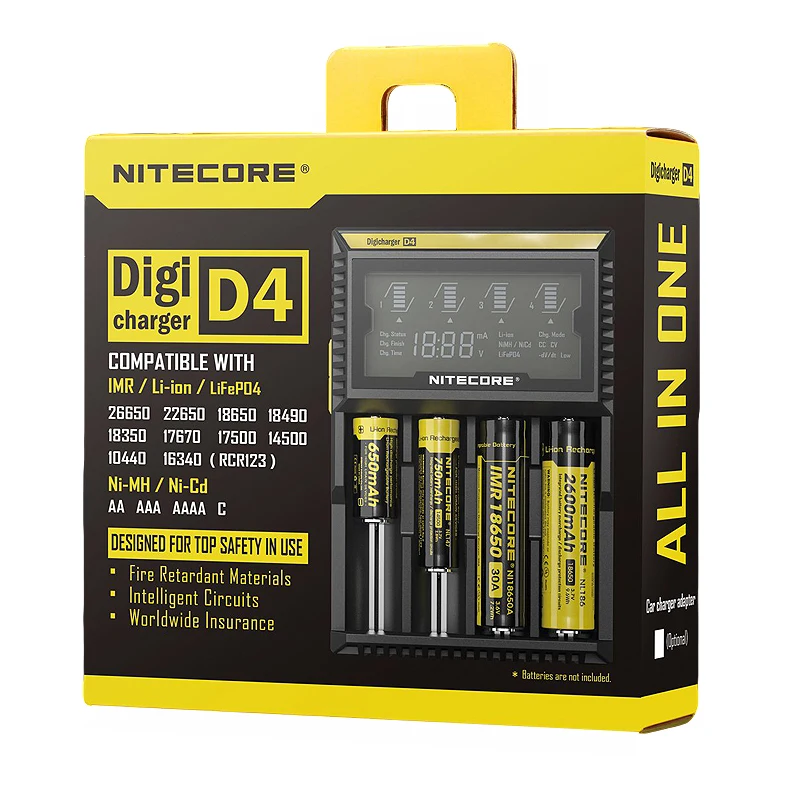 Оригинальное Nitecore D4 зарядное устройство с ЖК-дисплеем интеллектуальное зарядное устройство Li-Ion 18650 14500 16340 26650 AAA AA 12 В