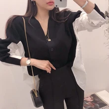 SuperAen, корейский стиль, женский свитер, дикий, Повседневный, весна, новые женские топы с узлом, v-образный вырез, однобортная женская одежда