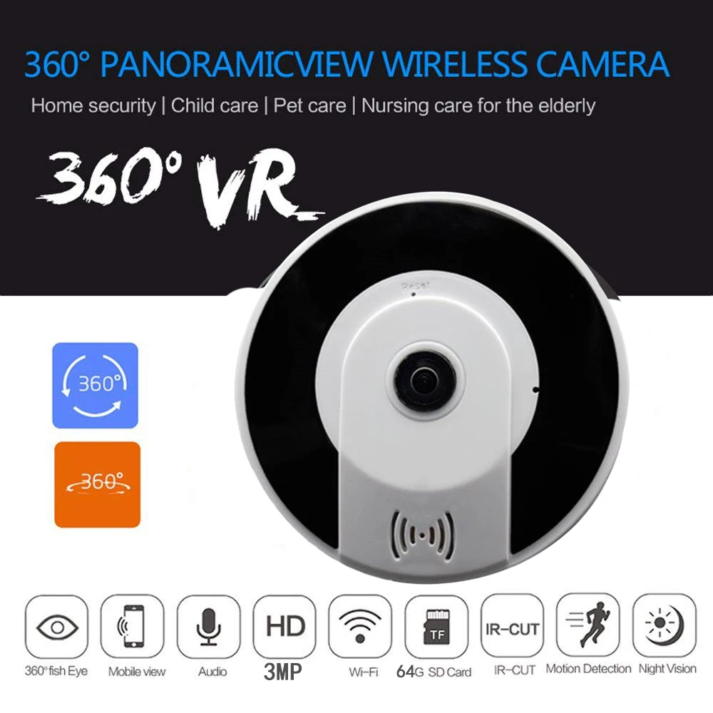Kruiqi панорамный Wireles IP Камера Wi-Fi аудио-видео 3MP HD рыбий глаз Широкий формат Ночное видение VR видеонаблюдения, IP Камера